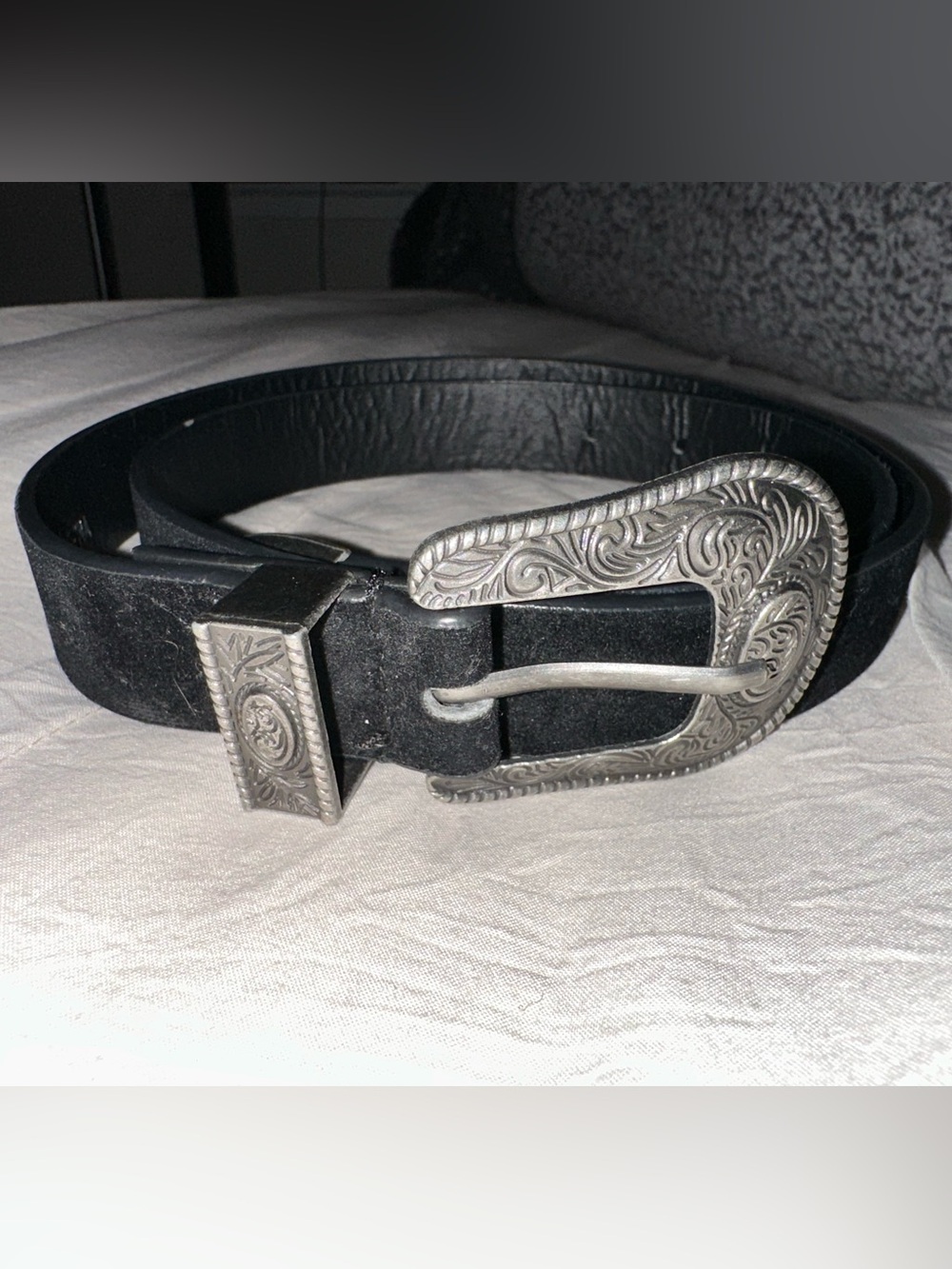Black Leather Western-Style Belt with Ornate Silver Buckle